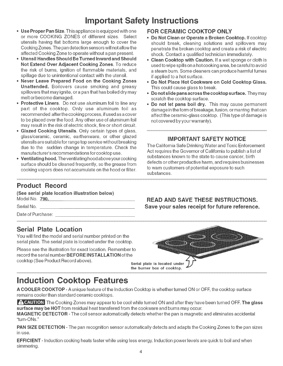 Important safety instructions, Induction cooktop features, Product record | Serial plate location | Kenmore ELITE 790.428 User Manual | Page 4 / 18