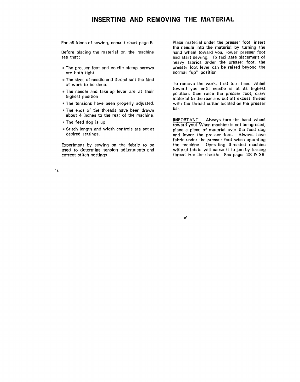 Inserting and removing the material | Kenmore 15/I649 User Manual | Page 14 / 36