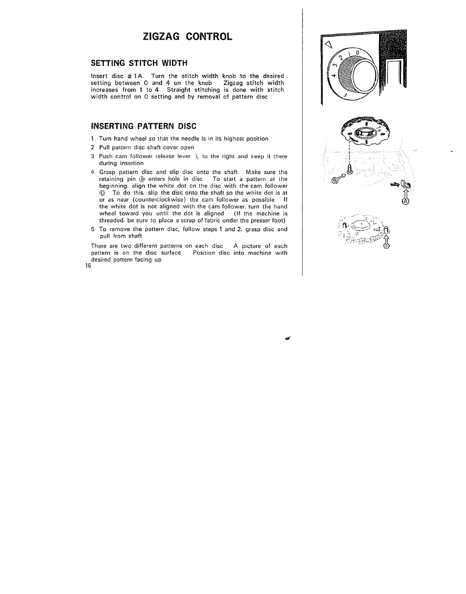 Zigzag control, Inserting pattern disc | Kenmore 15/I649 User Manual | Page 16 / 36