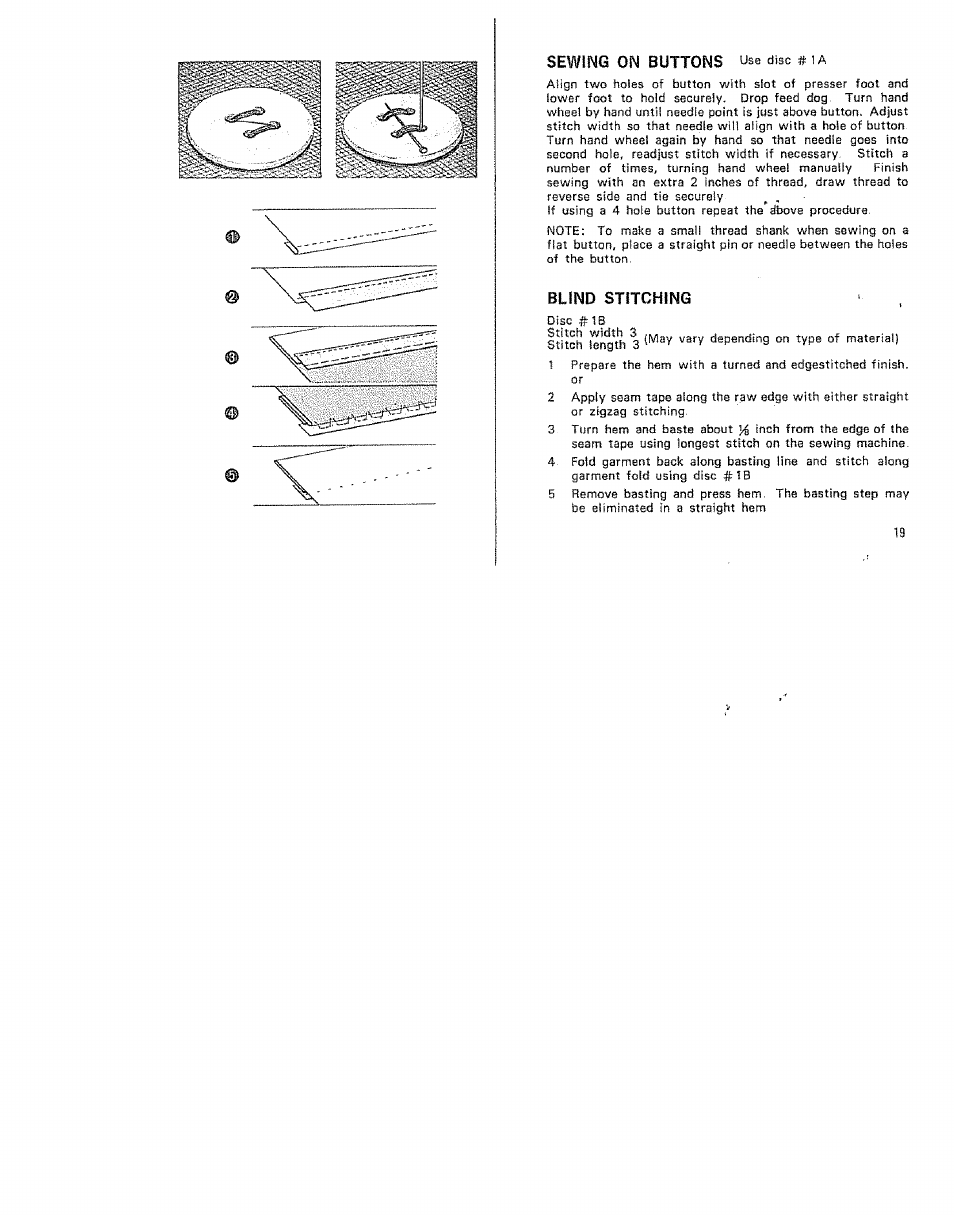 Sewing on buttons us® disc # 1a, Blind stitching | Kenmore 15/I649 User Manual | Page 19 / 36