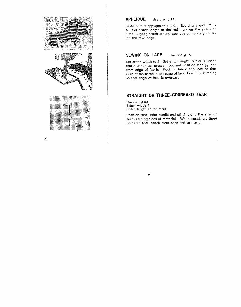 Sewing on lace use disc #1a, Straight or three-cornered tear | Kenmore 15/I649 User Manual | Page 22 / 36