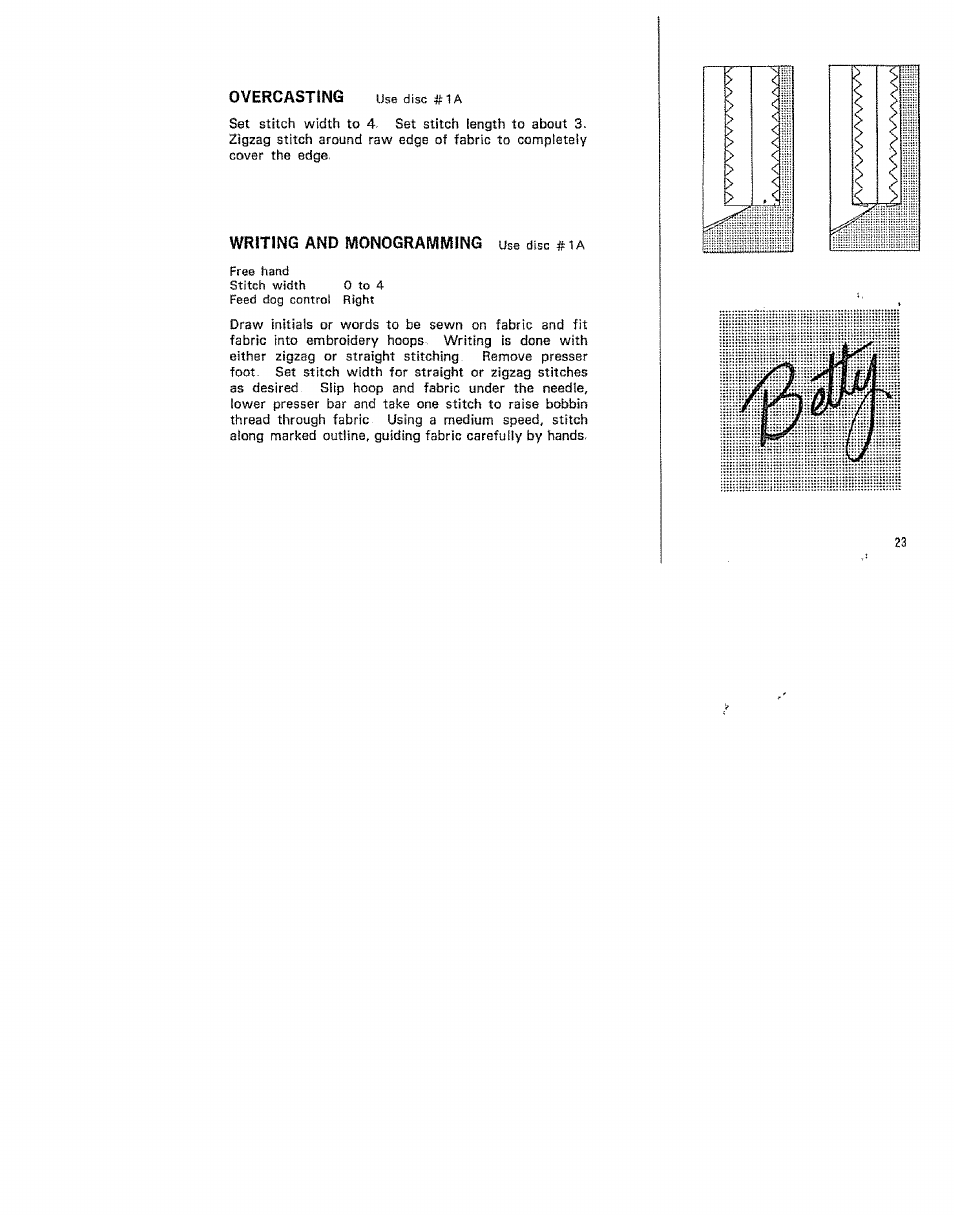 Overcasting, Writing and monogramming use disc # 1a free hand | Kenmore 15/I649 User Manual | Page 23 / 36