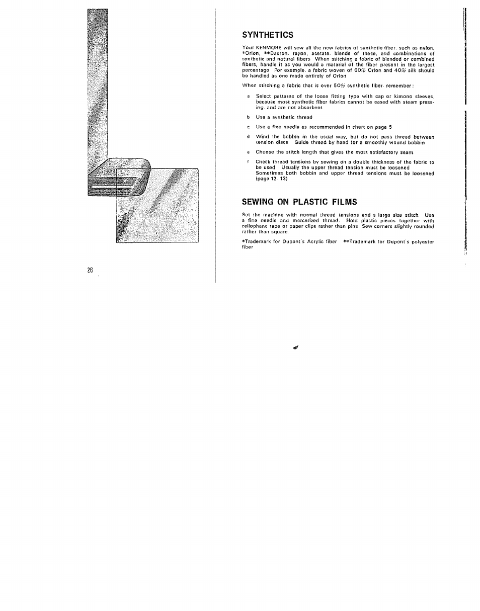 Synthetics, Sewing on plastic films | Kenmore 15/I649 User Manual | Page 26 / 36