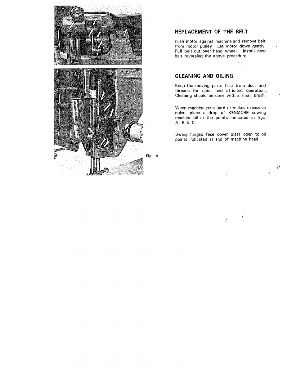 Replacement of the belt, Cleaning and oiling | Kenmore 15/I649 User Manual | Page 27 / 36