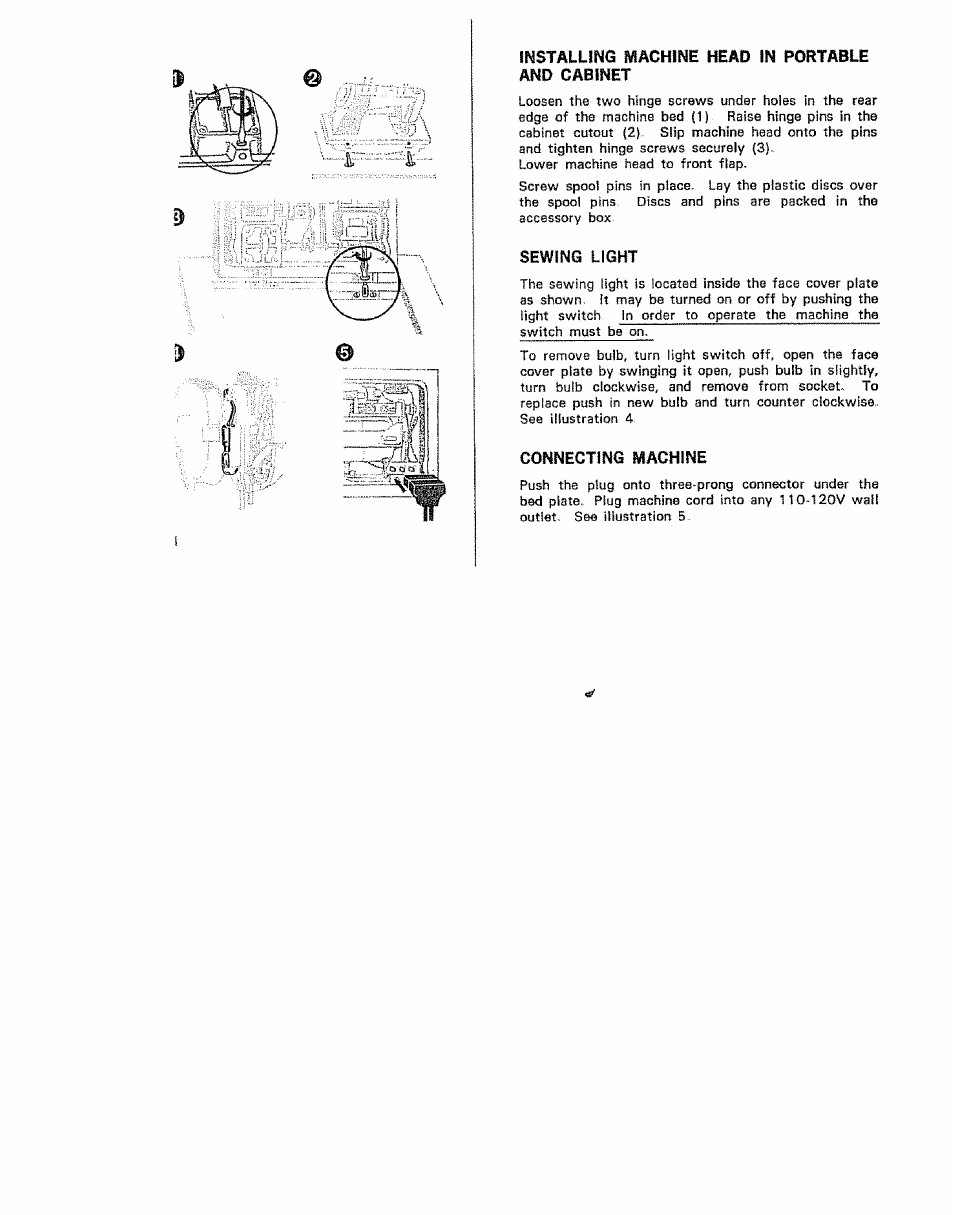 And cabinet, Sewing light, Connecting machine | Kenmore 15/I649 User Manual | Page 4 / 36