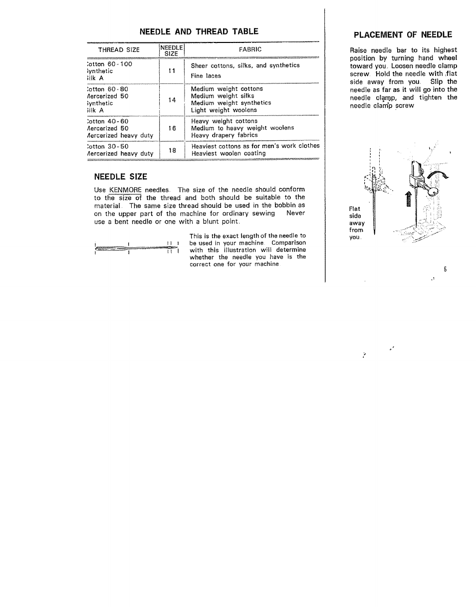 Needle and thread table, Needle size | Kenmore 15/I649 User Manual | Page 5 / 36