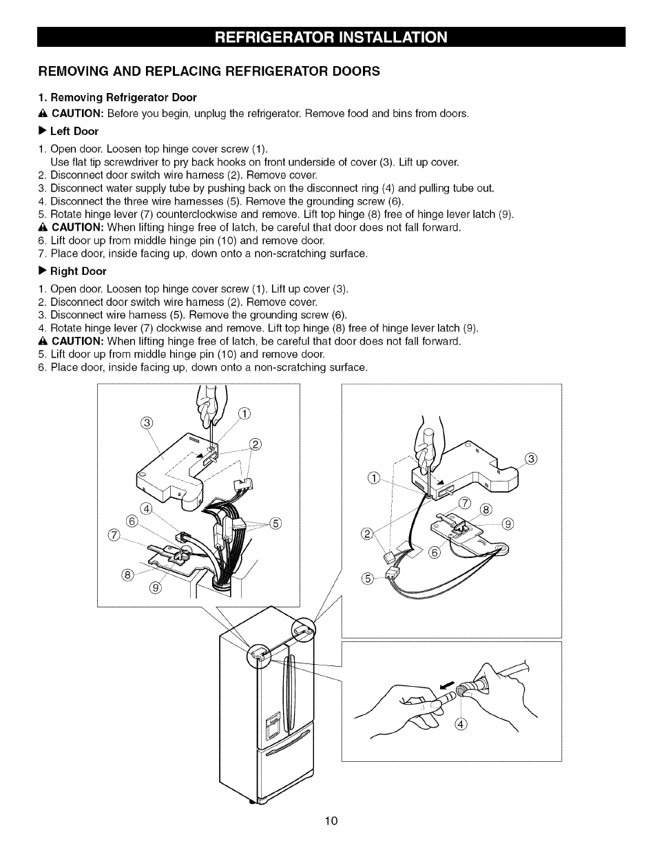 Removing and replacing refrigerator doors, Removing refrigerator door | Kenmore Elite 79575559400 User Manual | Page 10 / 35