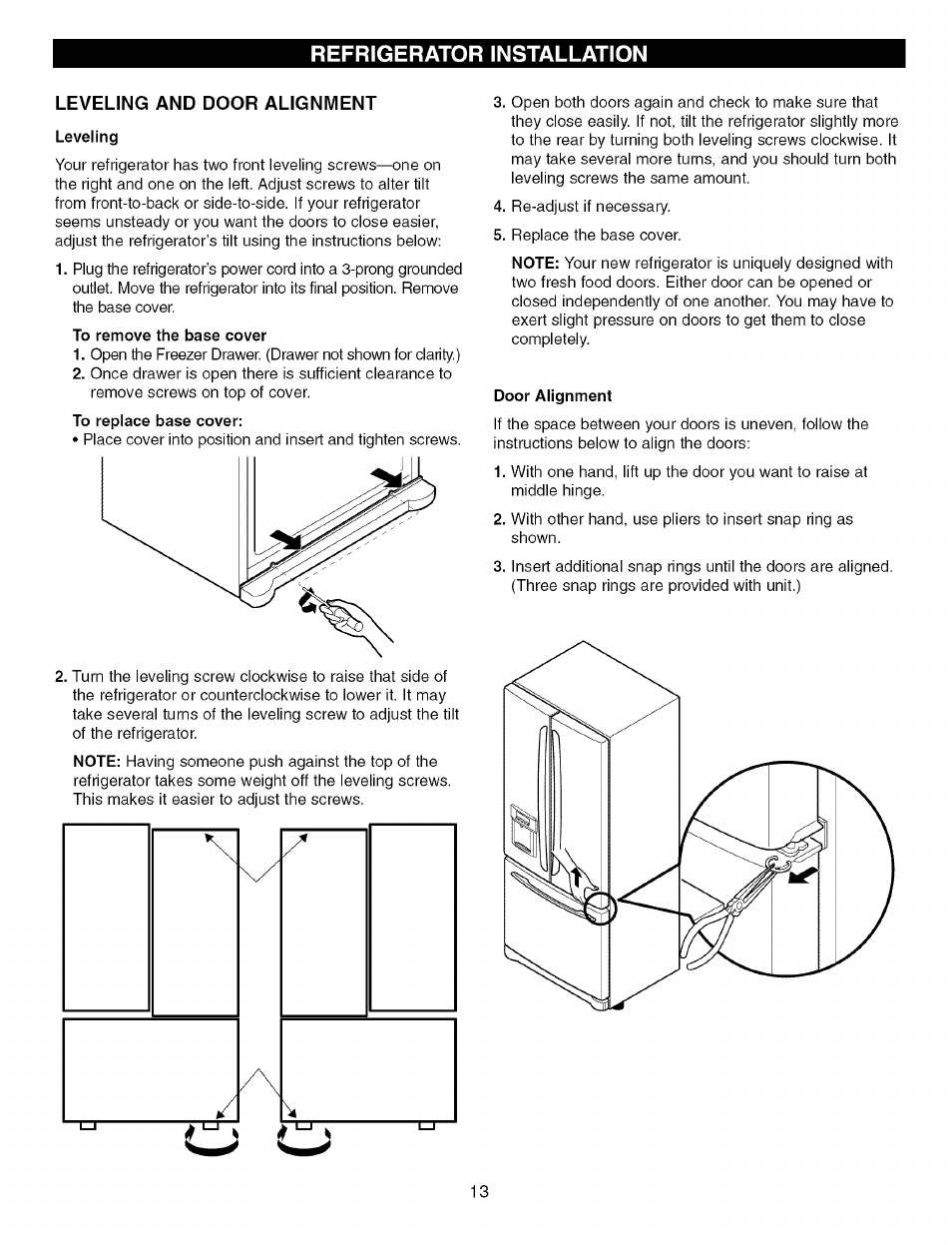 Leveling and door alignment, Leveling, To remove the base cover | Door alignment | Kenmore Elite 79575559400 User Manual | Page 13 / 35