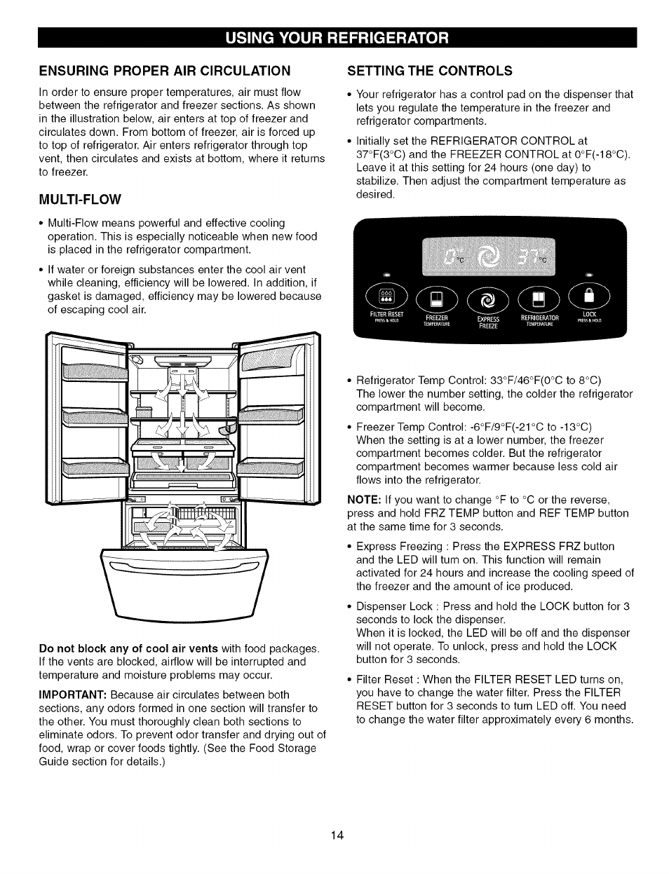 Ensuring proper air circulation, Multi-flow, Setting the controls | Using your refrigerator | Kenmore Elite 79575559400 User Manual | Page 14 / 35