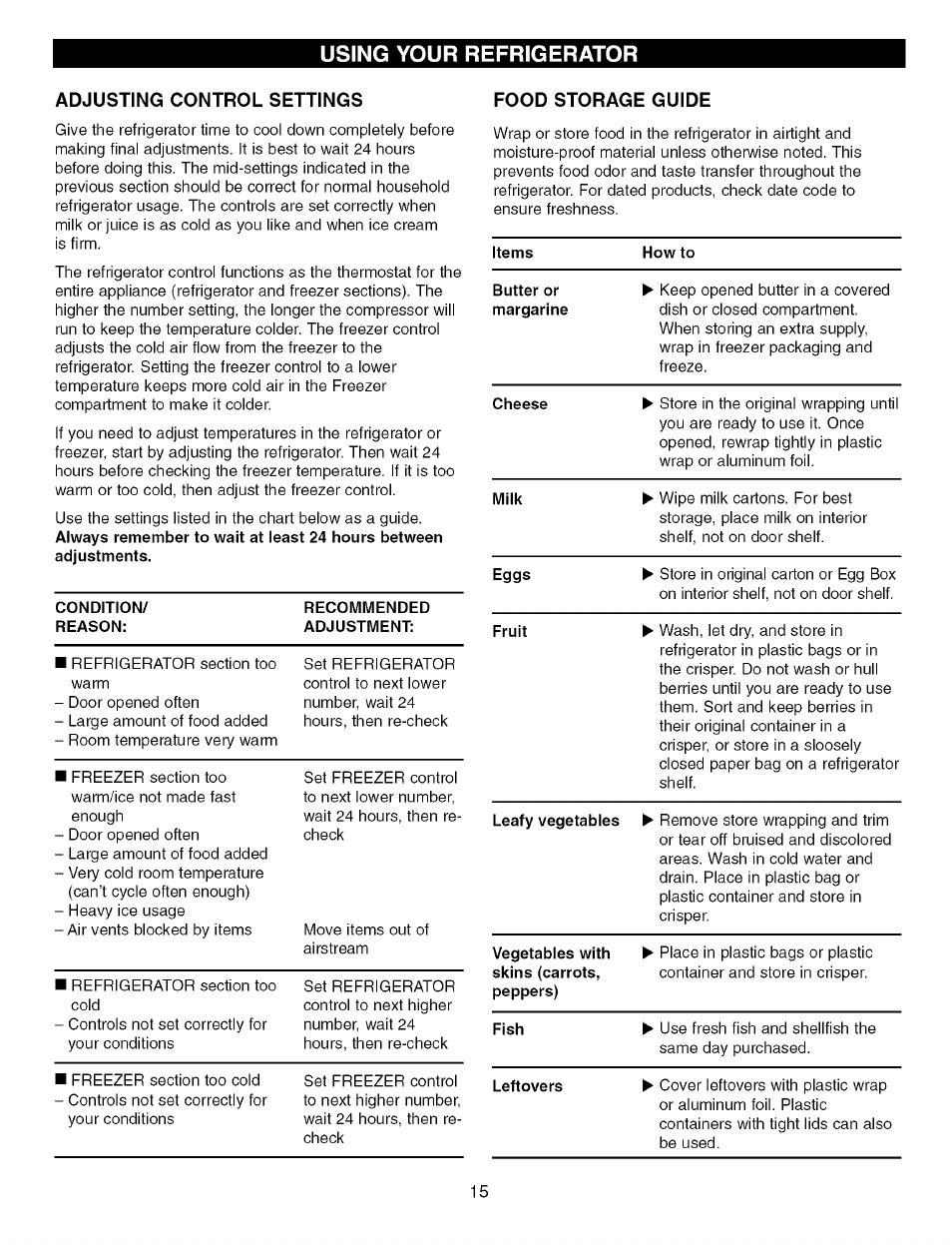Adjusting control settings, Food storage guide, Using your refrigerator | Kenmore Elite 79575559400 User Manual | Page 15 / 35