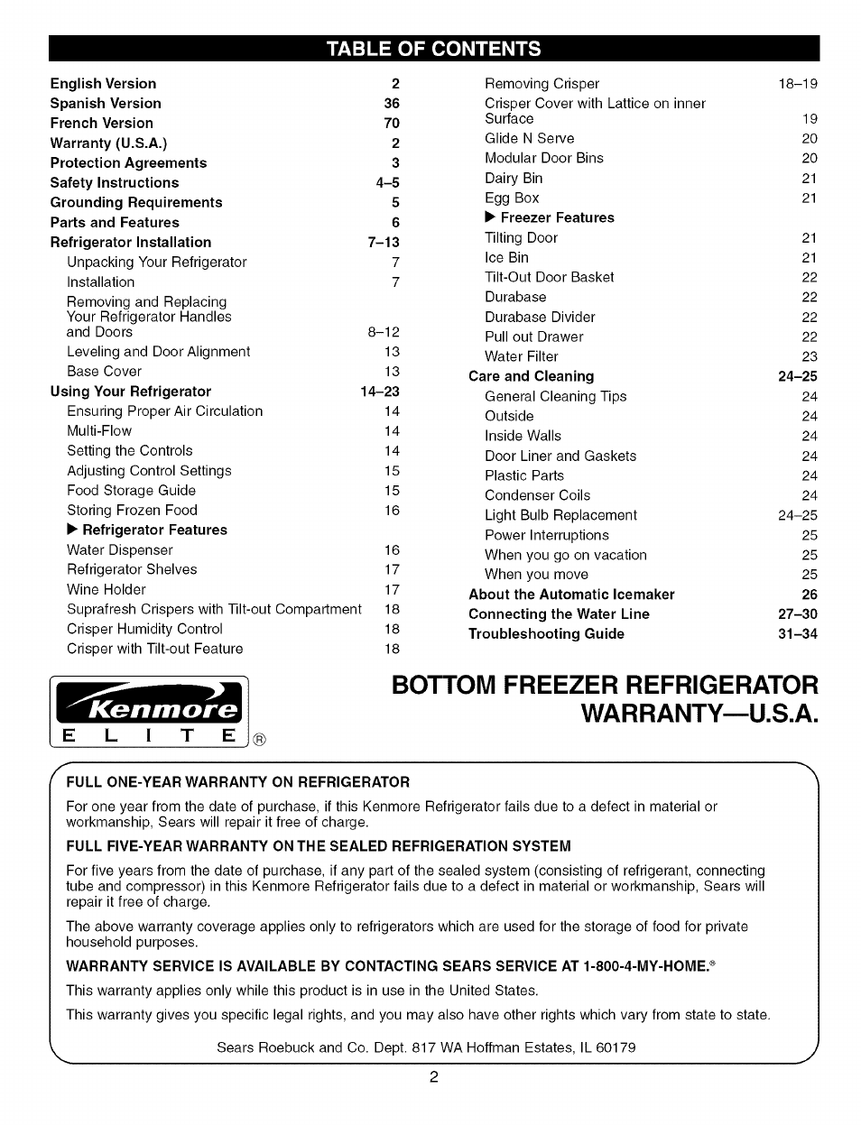 Kenmore Elite 79575559400 User Manual | Page 2 / 35