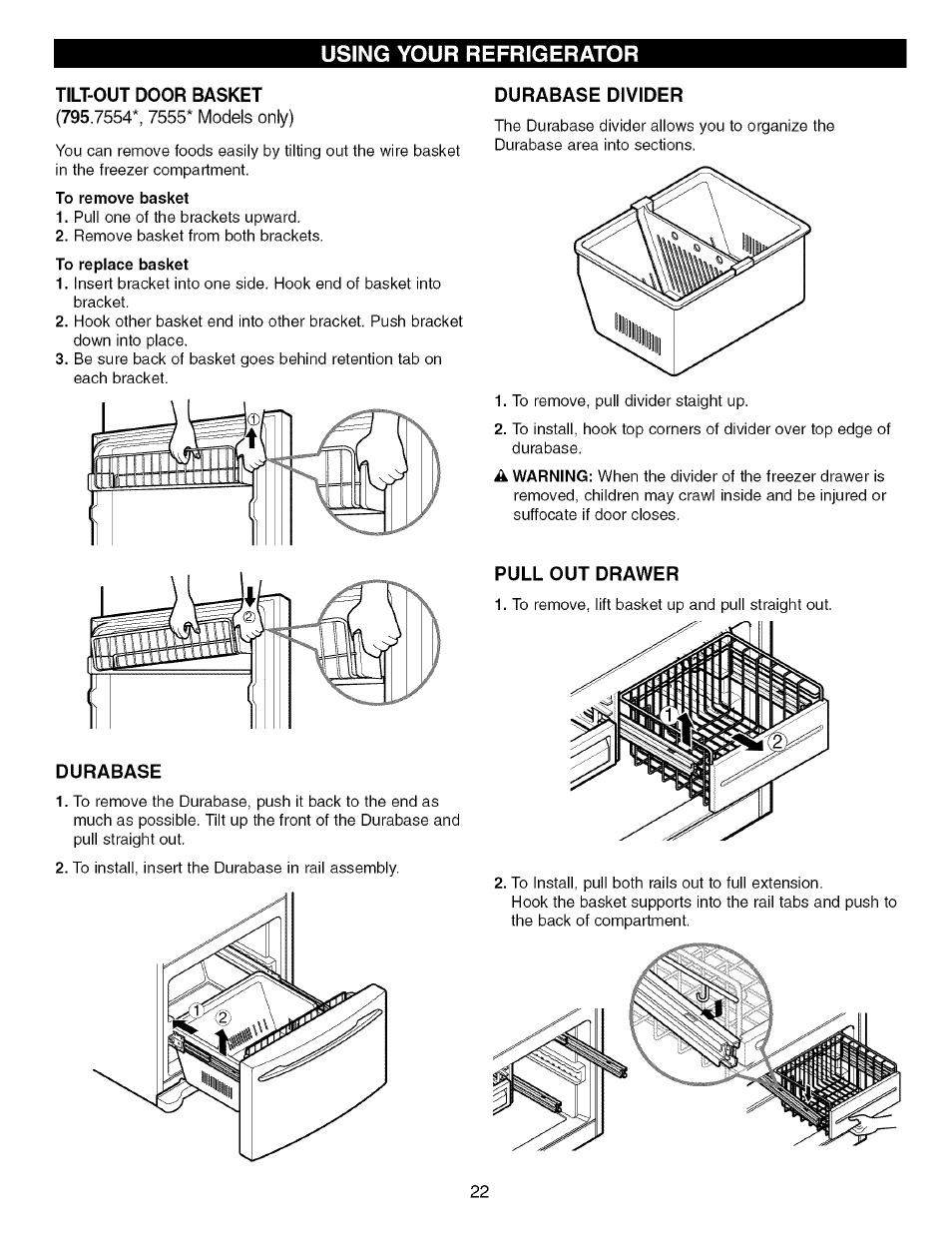 Tilt-out door basket, To remove basket, Durabase divider | Durabase, Using your refrigerator | Kenmore Elite 79575559400 User Manual | Page 22 / 35