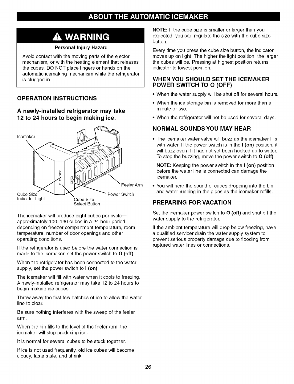 A warning, Operation instructions, Normal sounds you may hear | Preparing for vacation, Warning | Kenmore Elite 79575559400 User Manual | Page 26 / 35