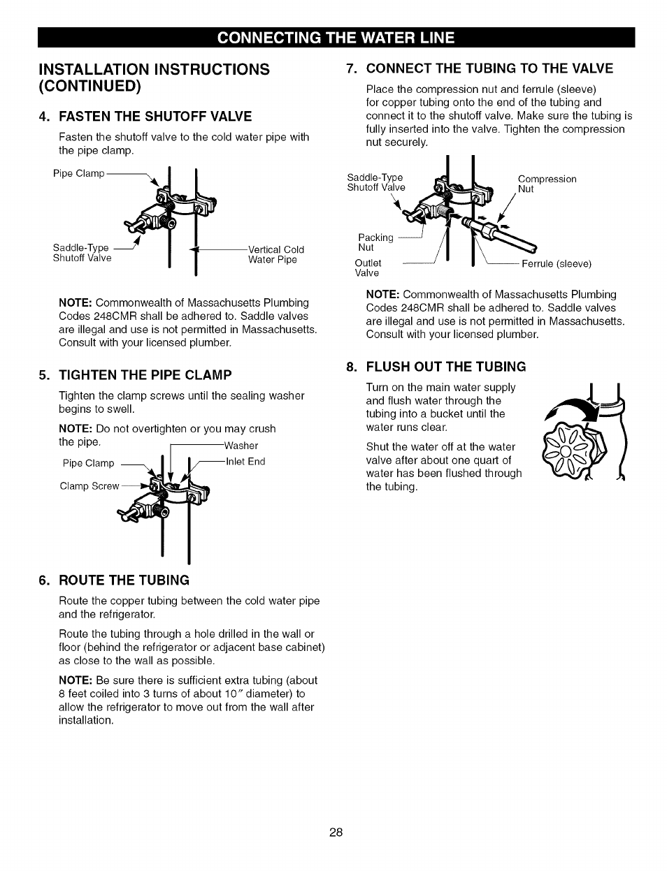 Installation instructions (continued), Fasten the shutoff valve, Tighten the pipe clamp | Connect the tubing to the valve, Flush out the tubing | Kenmore Elite 79575559400 User Manual | Page 28 / 35