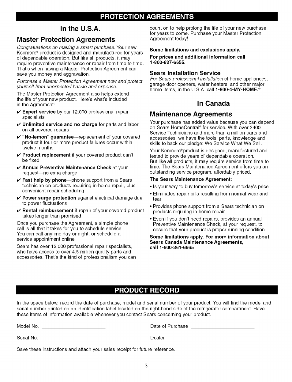 Protection agreements, In the u.s.a, Master protection agreements | Some limitations and exclusions apply, Sears installation service, In canada maintenance agreements, Product record | Kenmore Elite 79575559400 User Manual | Page 3 / 35