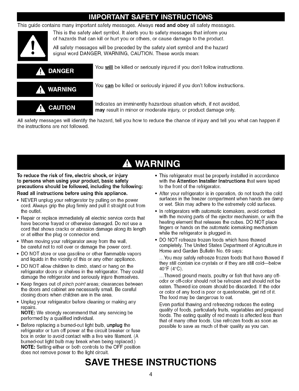 A danger, A warning, A caution | Save these instructions, Warning | Kenmore Elite 79575559400 User Manual | Page 4 / 35