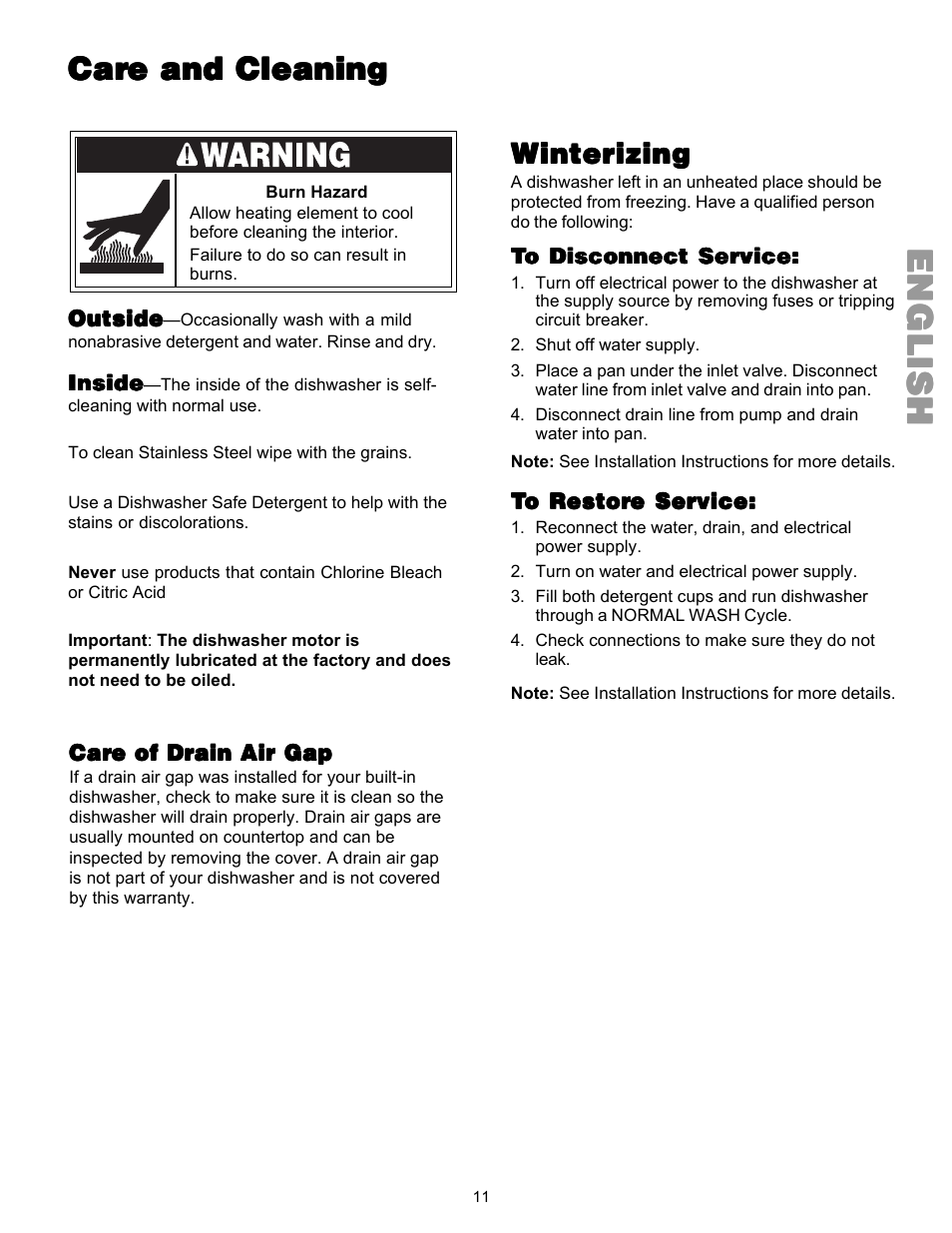 Englishenglishenglishenglishenglish, Winterizing | Kenmore 587.144 User Manual | Page 11 / 44