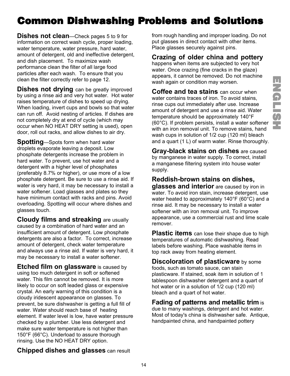 Englishenglishenglishenglishenglish, Common dishwashing pr | Kenmore 587.144 User Manual | Page 14 / 44