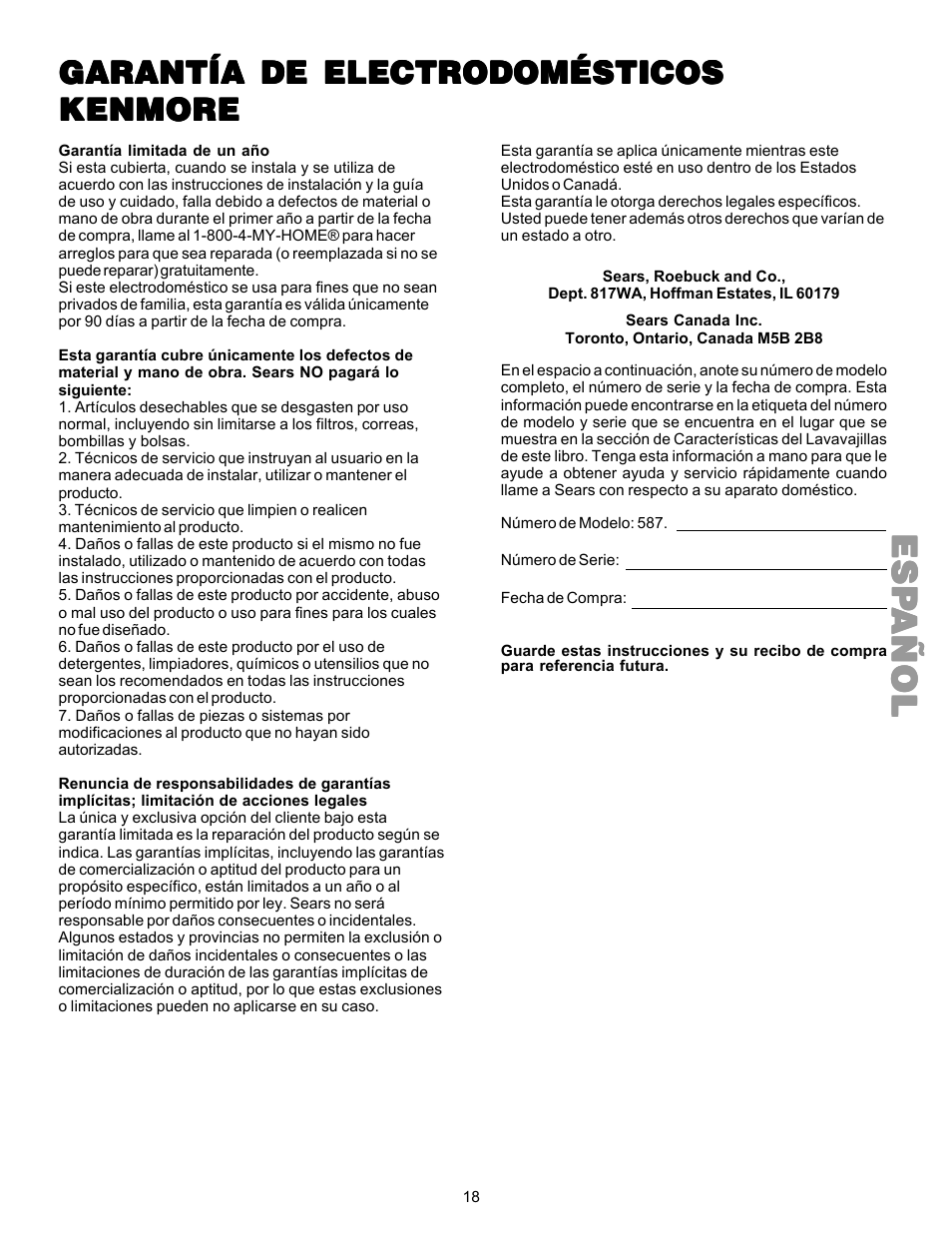 Espespespespesp añolañolañolañolañol, Garantía de electrodomésticos | Kenmore 587.144 User Manual | Page 18 / 44