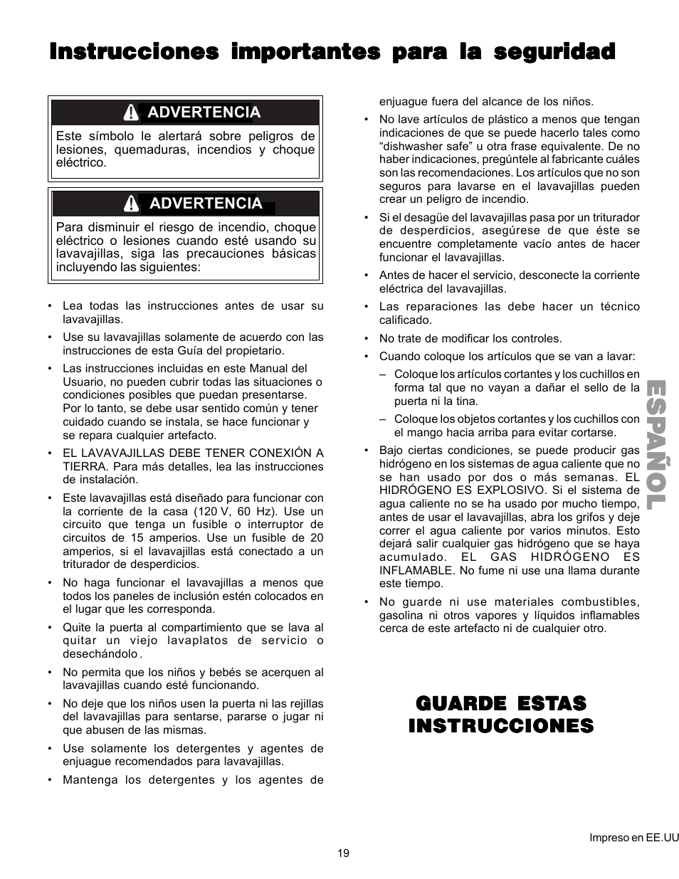 Espespespespesp añolañolañolañolañol, Instrucciones importantes para la seguridad, Guarde est | Kenmore 587.144 User Manual | Page 19 / 44