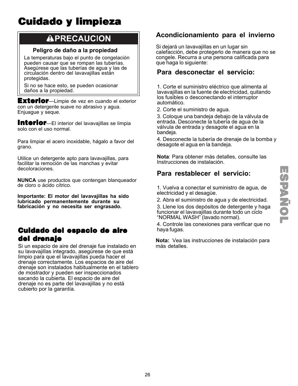 Espespespespesp añolañolañolañolañol, Cuidado y limpieza | Kenmore 587.144 User Manual | Page 26 / 44