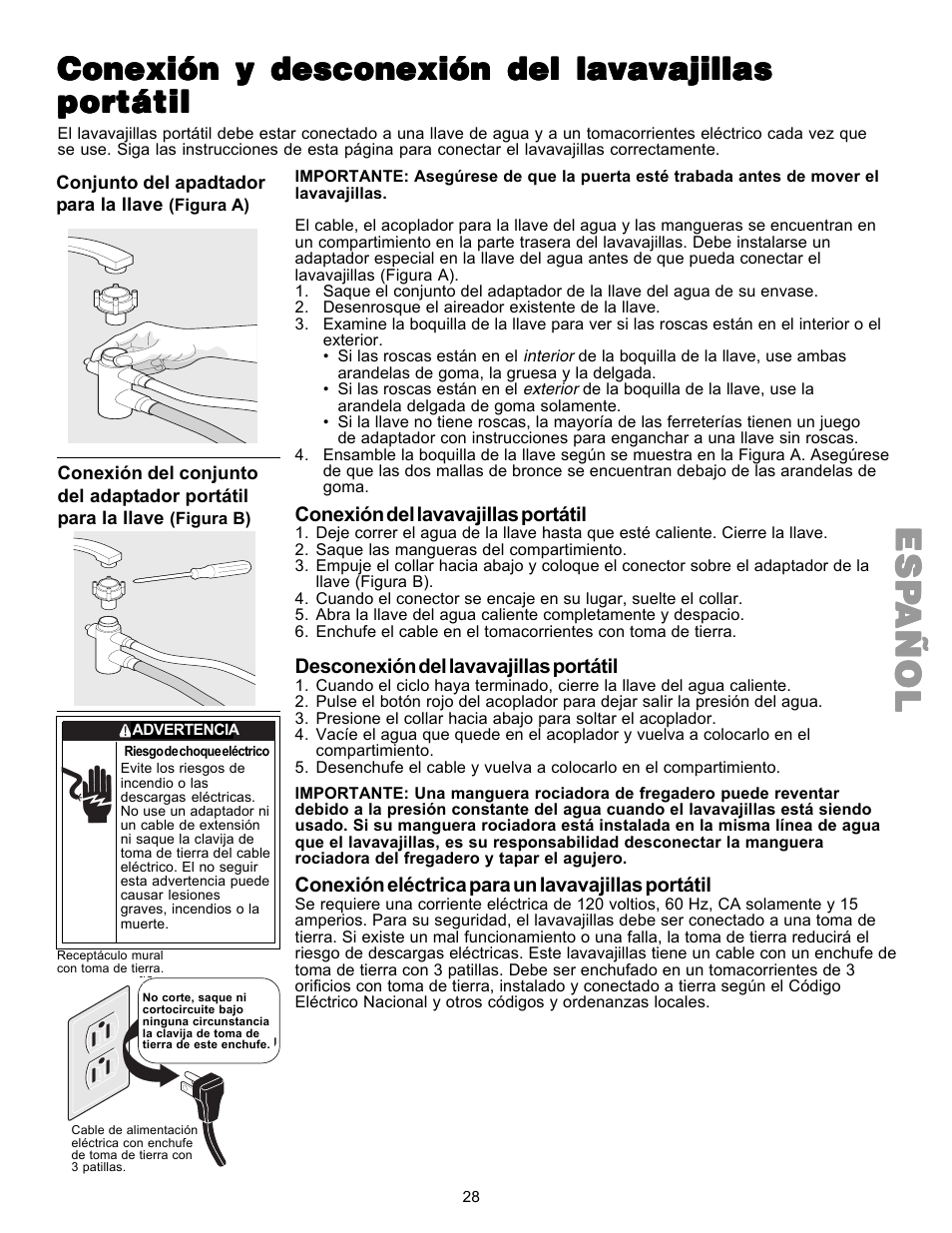 Espespespespesp añolañolañolañolañol, Conexión y desconexión del lavavajillas | Kenmore 587.144 User Manual | Page 28 / 44