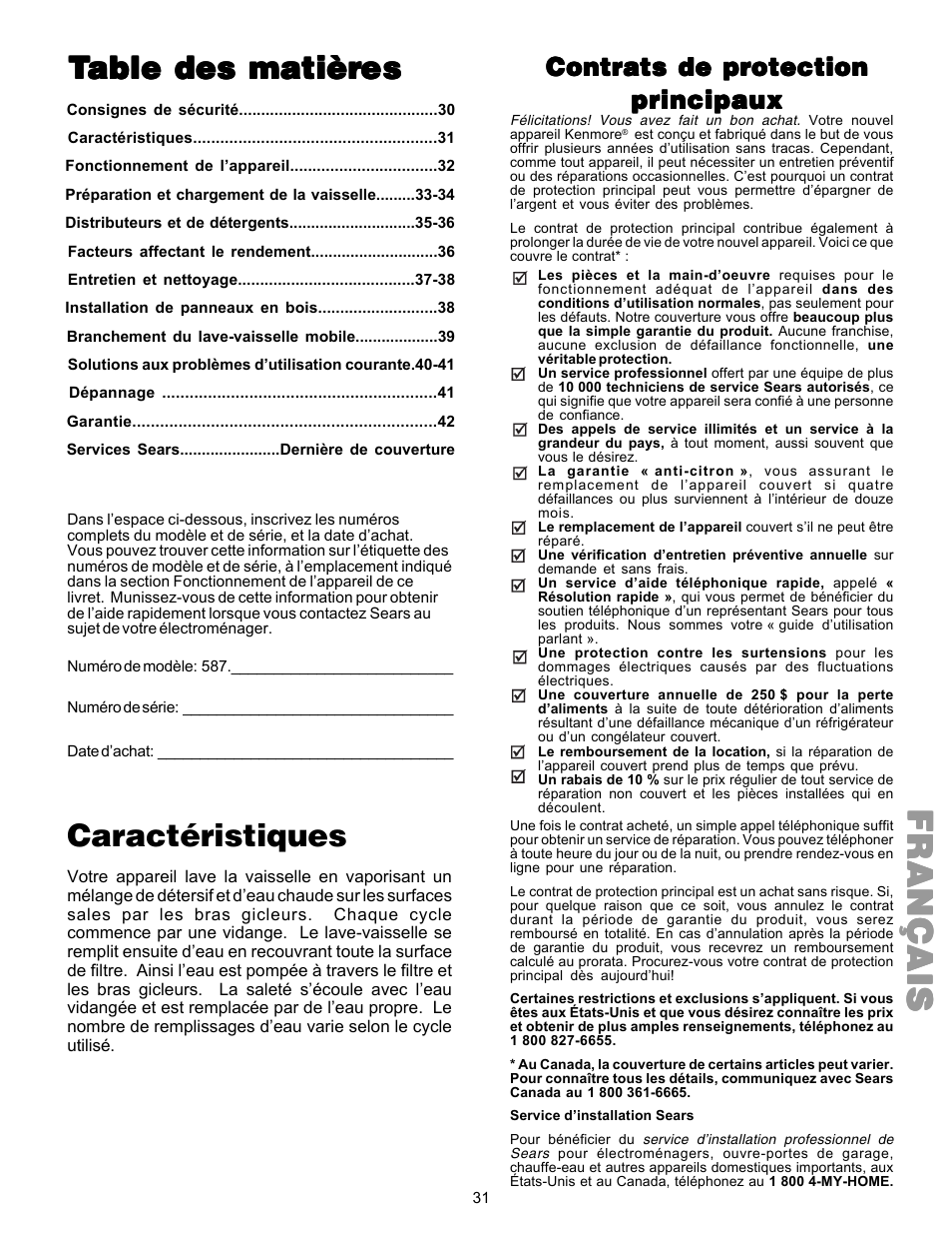 Françaisfrançaisfrançaisfrançaisfrançais, Caractéristiques, Contrats de protection | Kenmore 587.144 User Manual | Page 31 / 44