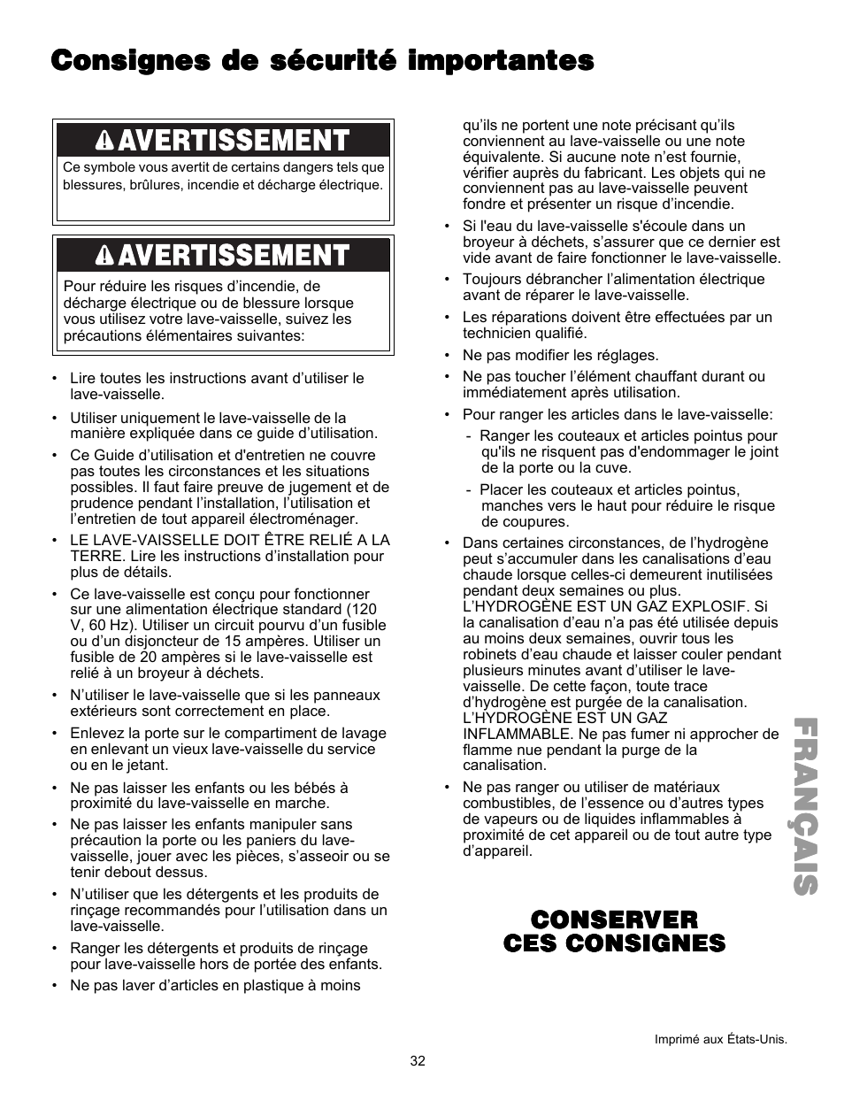 Françaisfrançaisfrançaisfrançaisfrançais, Consignes de sécurité impor, Conser | Kenmore 587.144 User Manual | Page 32 / 44