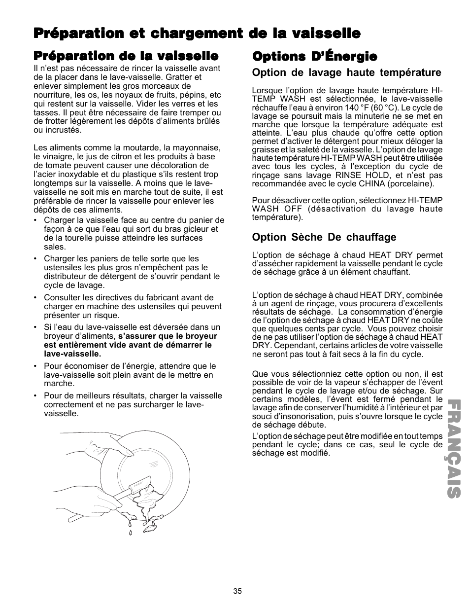 Françaisfrançaisfrançaisfrançaisfrançais, Préparation et char, Préparation de la vaisselle | Options d’énergie | Kenmore 587.144 User Manual | Page 35 / 44