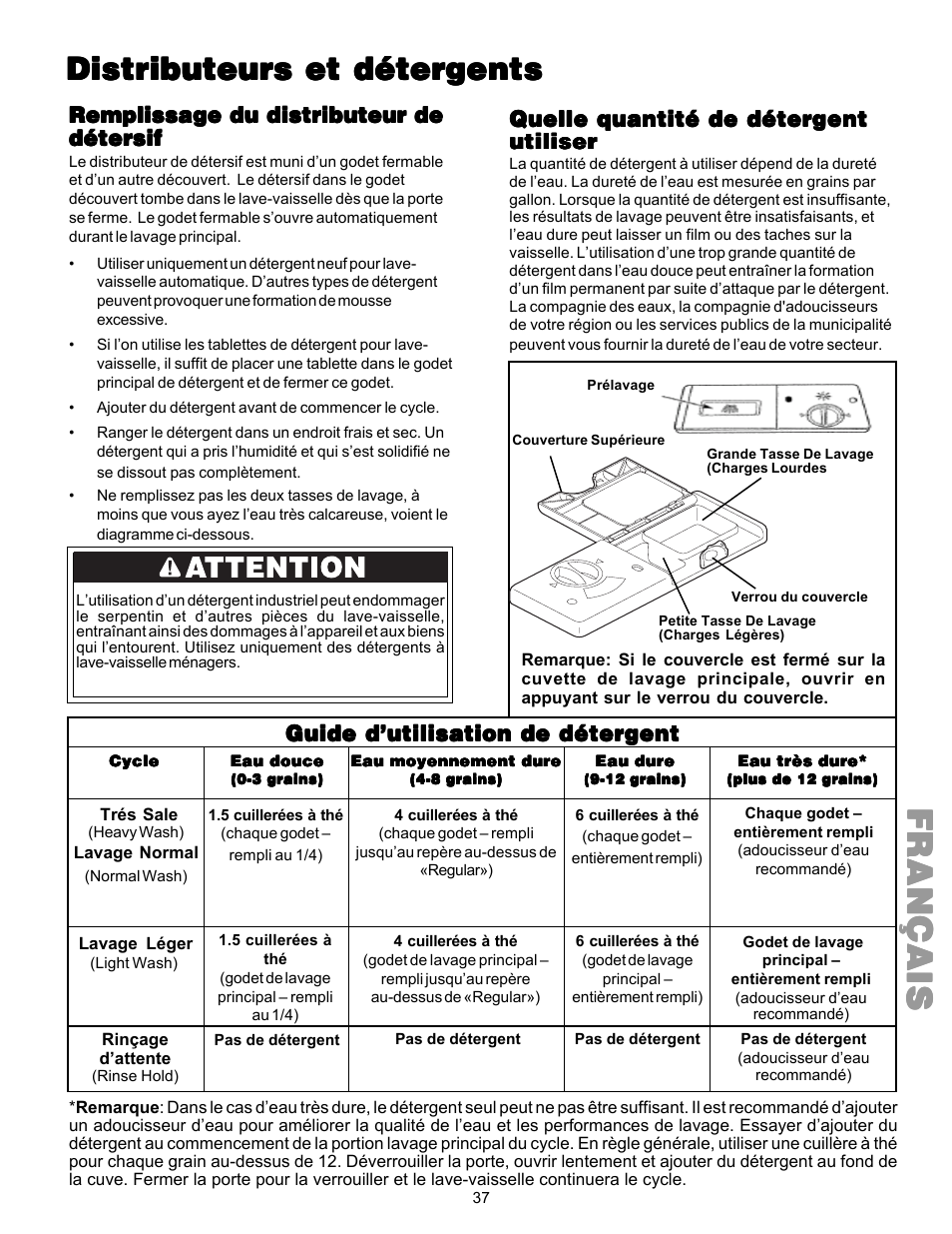 Françaisfrançaisfrançaisfrançaisfrançais, Distributeurs et déter, Remplissage du distributeur de | Quelle quantité de déter, Guide d’utilisation de déter | Kenmore 587.144 User Manual | Page 37 / 44