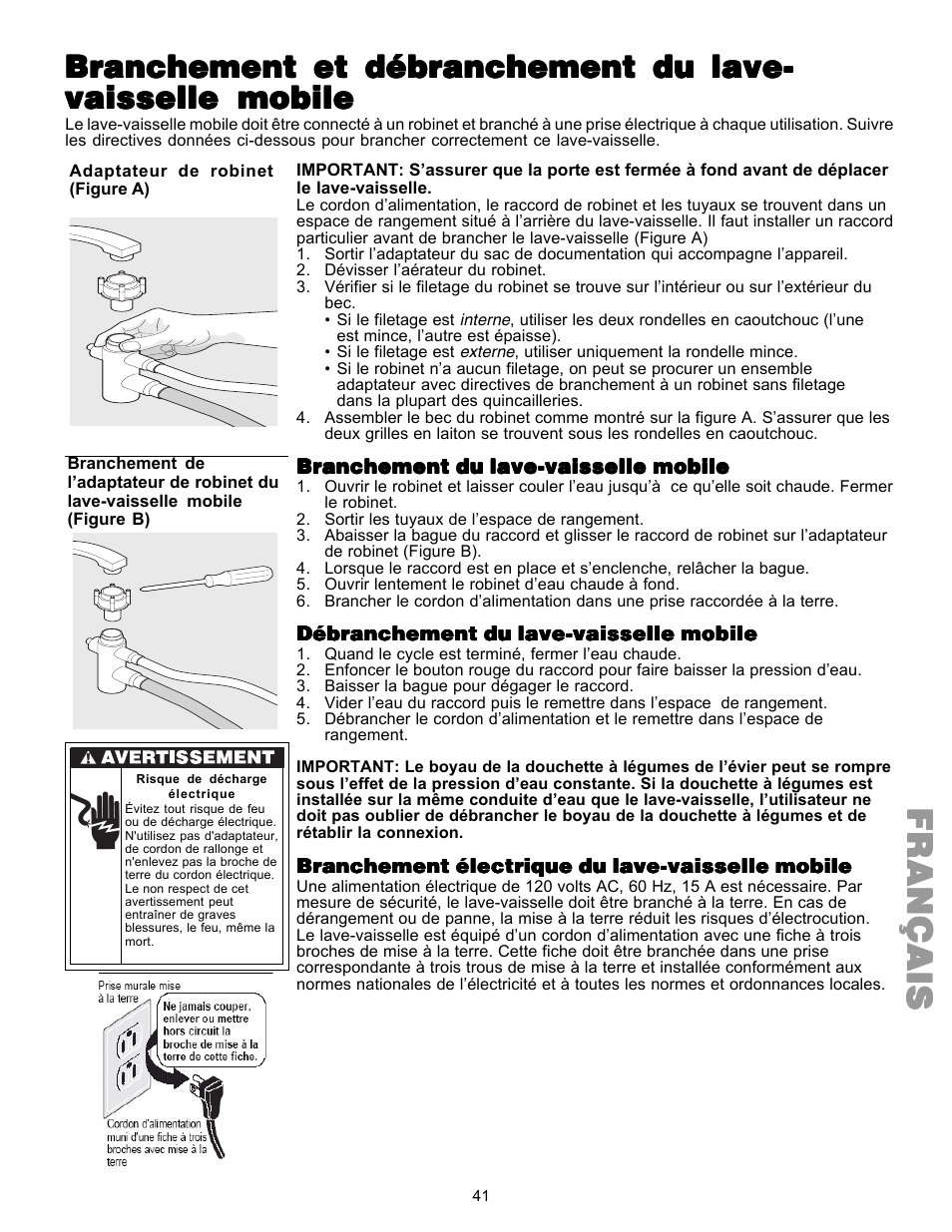 Françaisfrançaisfrançaisfrançaisfrançais, Branchement et débranchement du lave | Kenmore 587.144 User Manual | Page 41 / 44