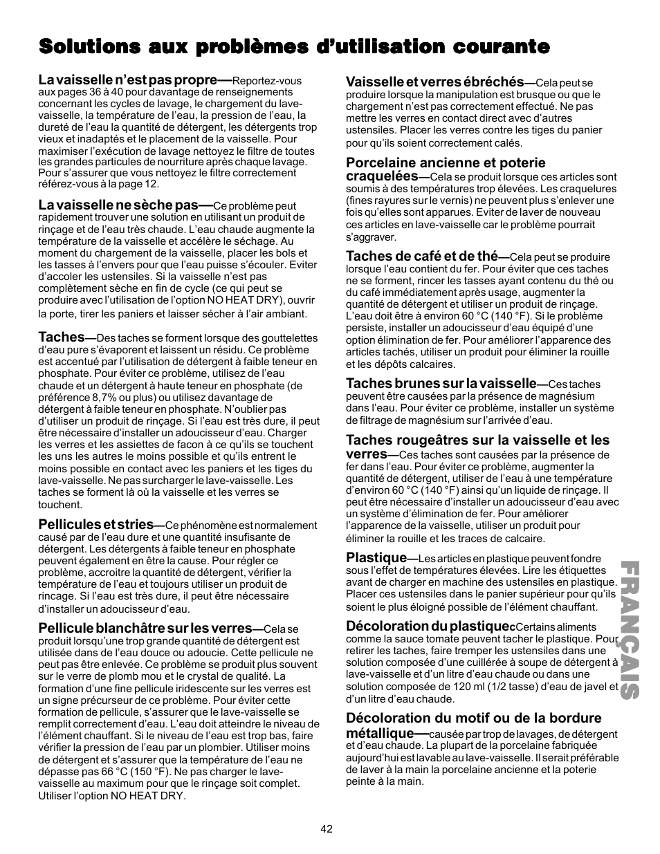 Françaisfrançaisfrançaisfrançaisfrançais, Solutions aux pr | Kenmore 587.144 User Manual | Page 42 / 44