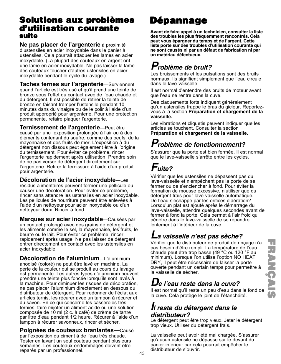 Françaisfrançaisfrançaisfrançaisfrançais, Dépannage, Solutions aux pr | Kenmore 587.144 User Manual | Page 43 / 44