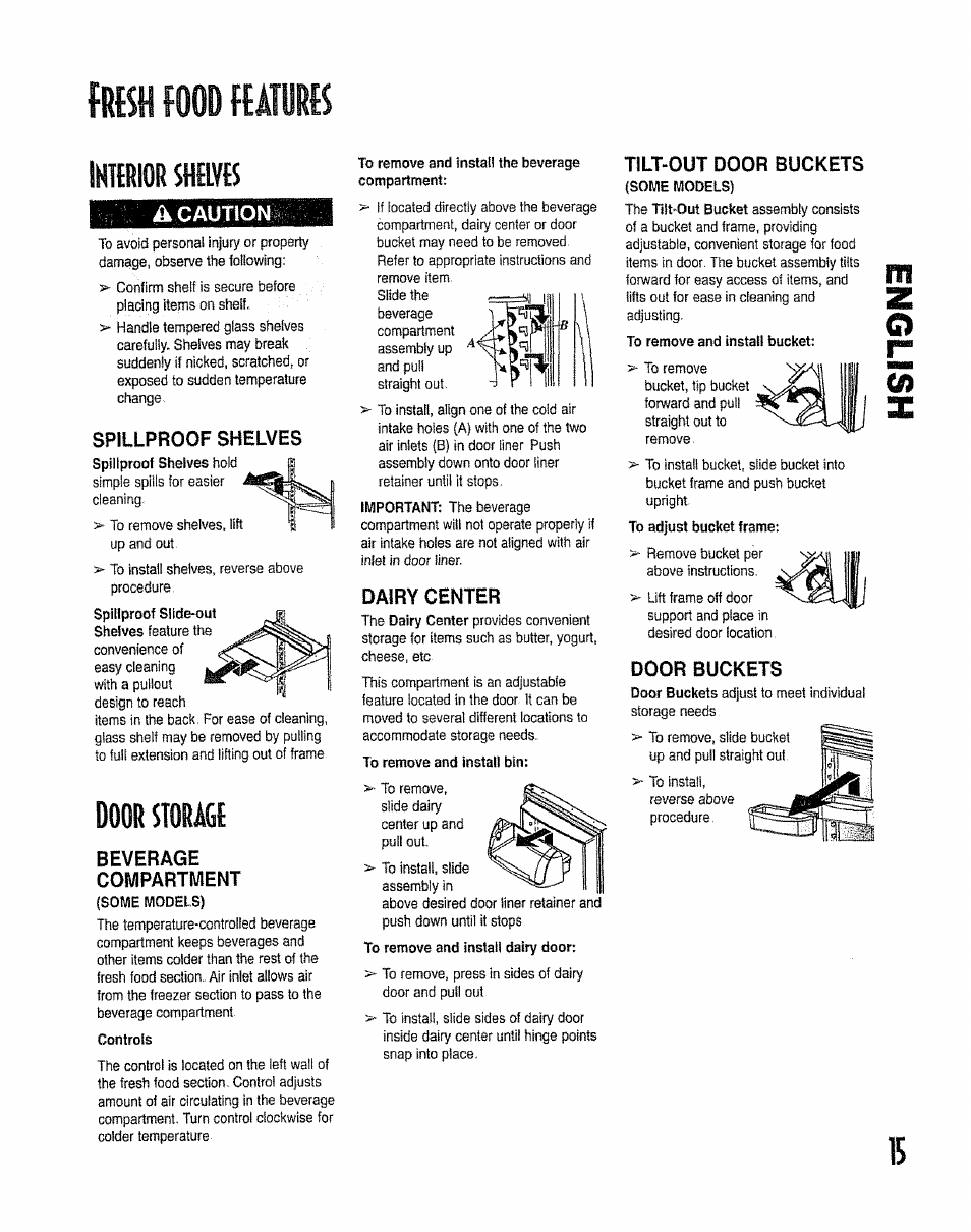 М m mm, L«w яш, Caution | Spillproof shelves, Beverage, Compartment, Dairy center, Tilt-out door buckets, Door buckets, Door siorafil | Kenmore 596.50012100 User Manual | Page 15 / 88