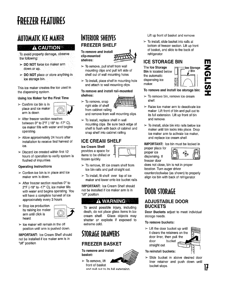 A caution, Storage dra^rs, Door storage | Iluomkkimaki, A warning, Mq cô | Kenmore 596.50012100 User Manual | Page 17 / 88