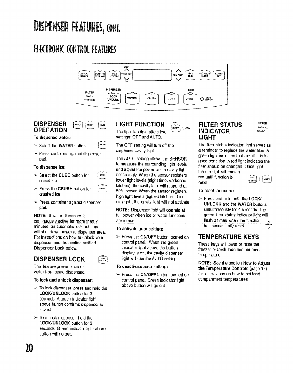 Lkironic control mm, Dispenser i, Operation j | Dispenser lock, Light function r, Filter status, Indicator, Light, Temperature keys, Operation | Kenmore 596.50012100 User Manual | Page 20 / 88