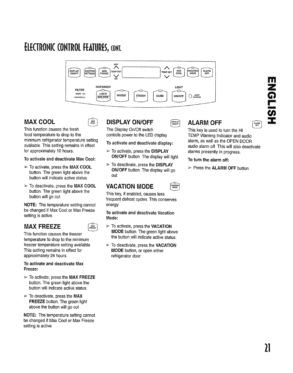F lecír0nic cohtrol ft atores, coni, Max cool, Display on/off | Vacation mode, Alarm off, F lecír 0 nic cohtrol ft atores, Coni | Kenmore 596.50012100 User Manual | Page 21 / 88