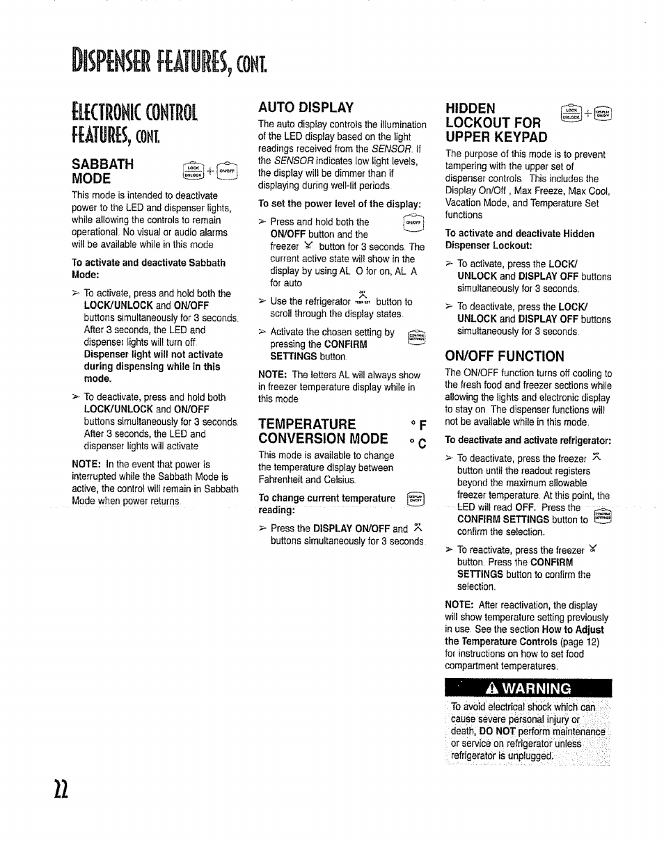 Sabbath mode, Auto display, Conversion mode | Hidden lockout for, Yppgp^ кеурдр, On/off function, Sabbath | Kenmore 596.50012100 User Manual | Page 22 / 88