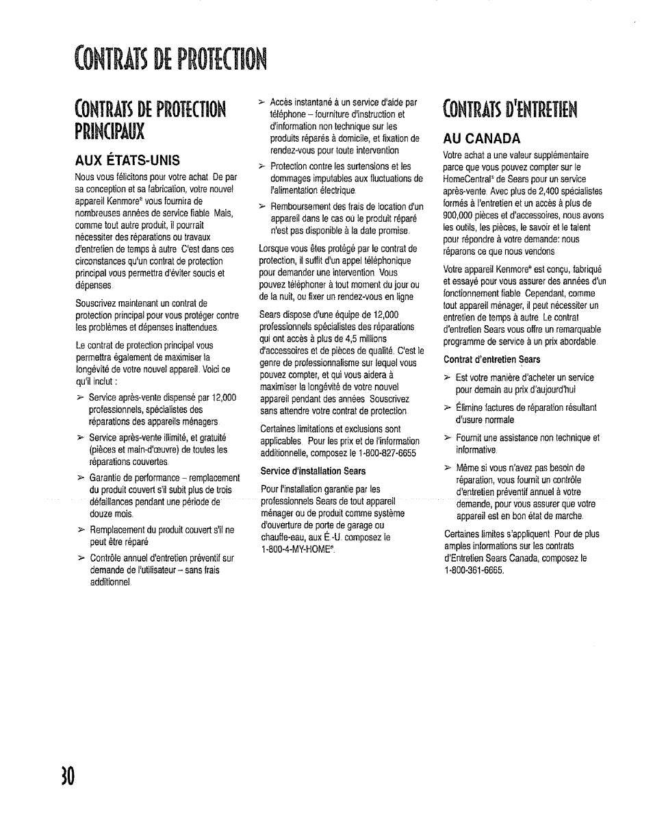 Contrats dt promtioh principaux, Дух états-unis, Contrats d'tntrttien | Au canada, Contrats, Protktion | Kenmore 596.50012100 User Manual | Page 30 / 88