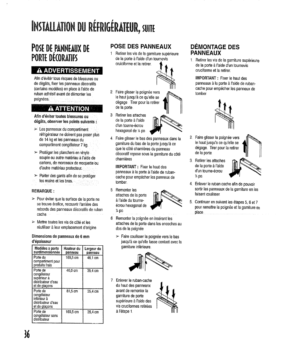 Pose de panneaux d, A advertissewient, Iâ. attention | Pose des panneaux, Démontage des panneaux, Advertissewient | Kenmore 596.50012100 User Manual | Page 36 / 88