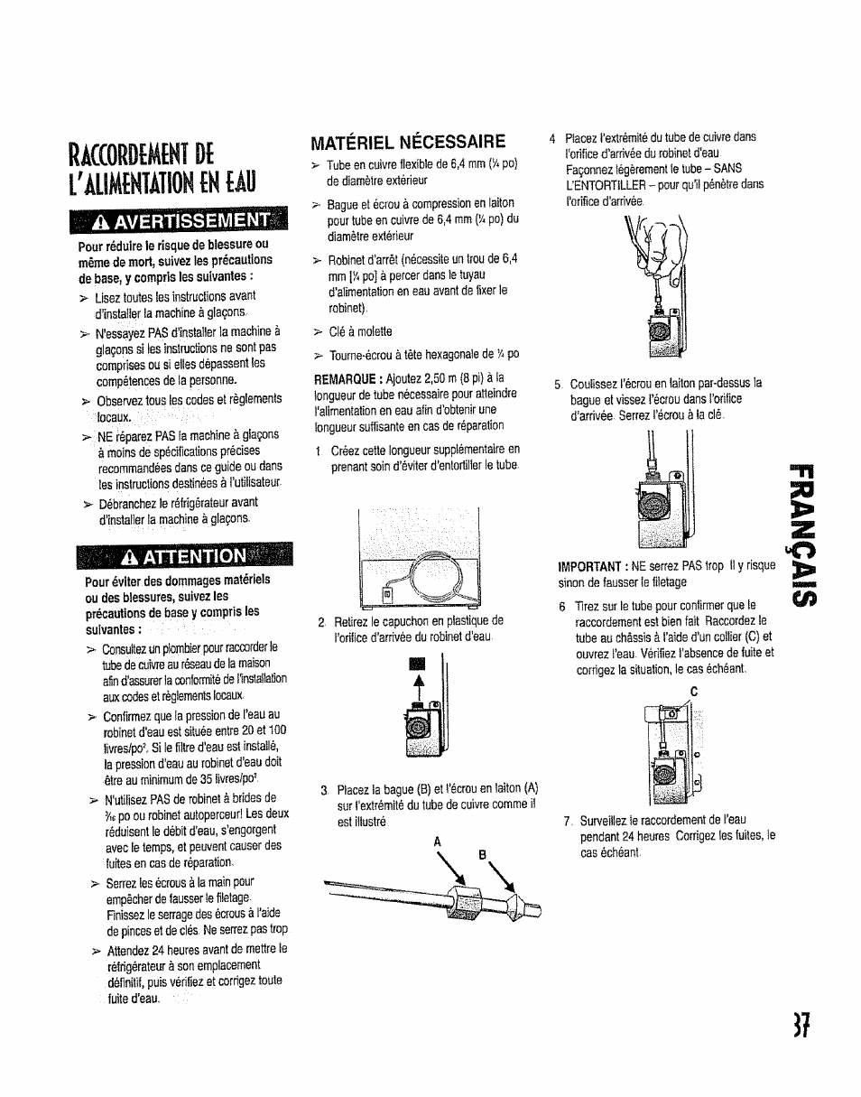 L'àumentâtioh en eáu, Aavertisseivlint, Matériel nécessaire | Ràccordemeki | Kenmore 596.50012100 User Manual | Page 37 / 88