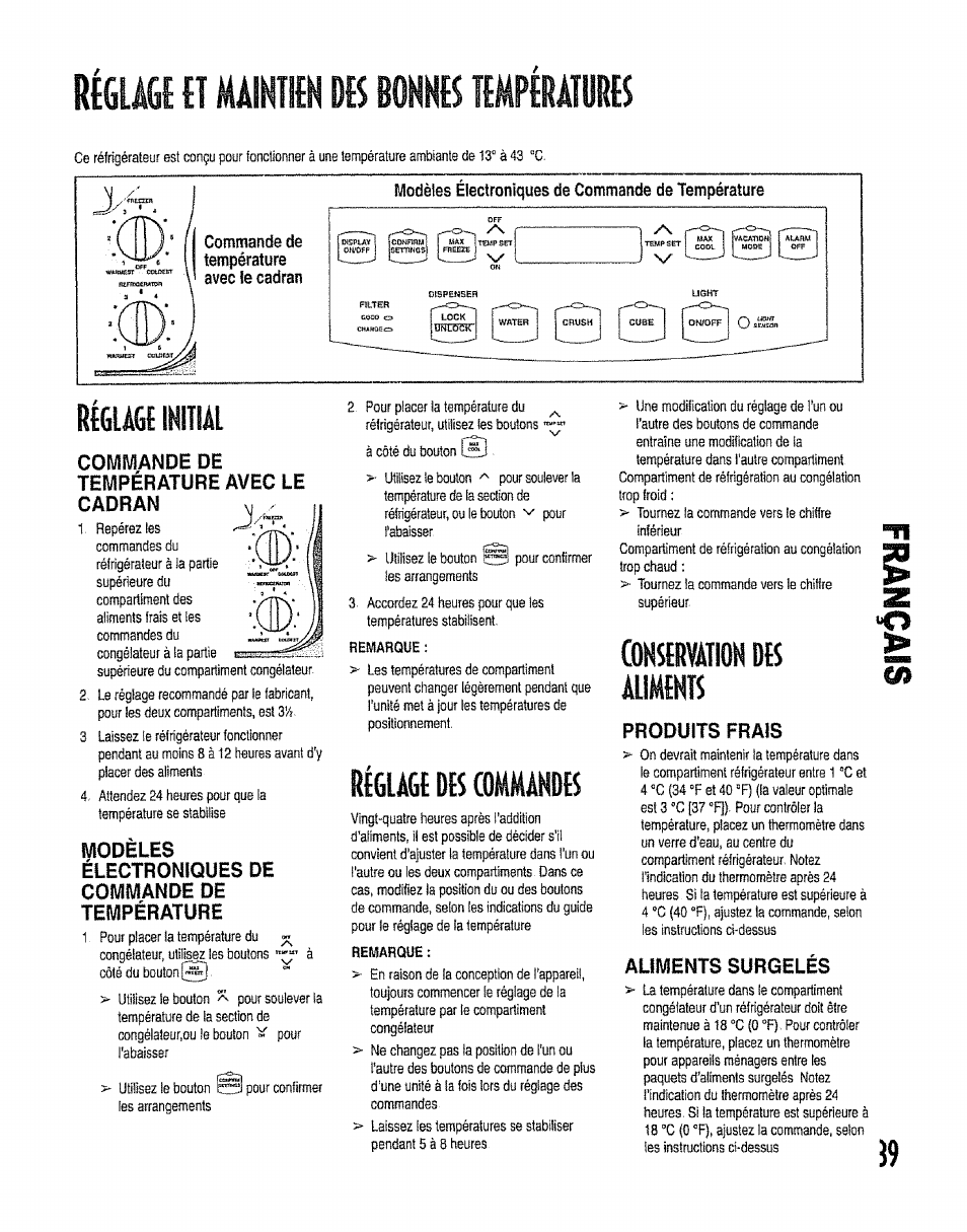 Rtglâgi n maintien des bonnes températures, Rfglàgf ihitiâl, Commande de | Température avec le, Cadran, Modèles, Électroniques de, Température, Nservâtioh des aliments, Aliments surgelés | Kenmore 596.50012100 User Manual | Page 39 / 88