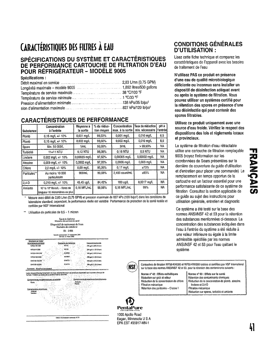 Caractéristiques de performance, Conditions générales d’utilisation, Caracttrlsiiquisdisflltrisaiaü | Kenmore 596.50012100 User Manual | Page 41 / 88
