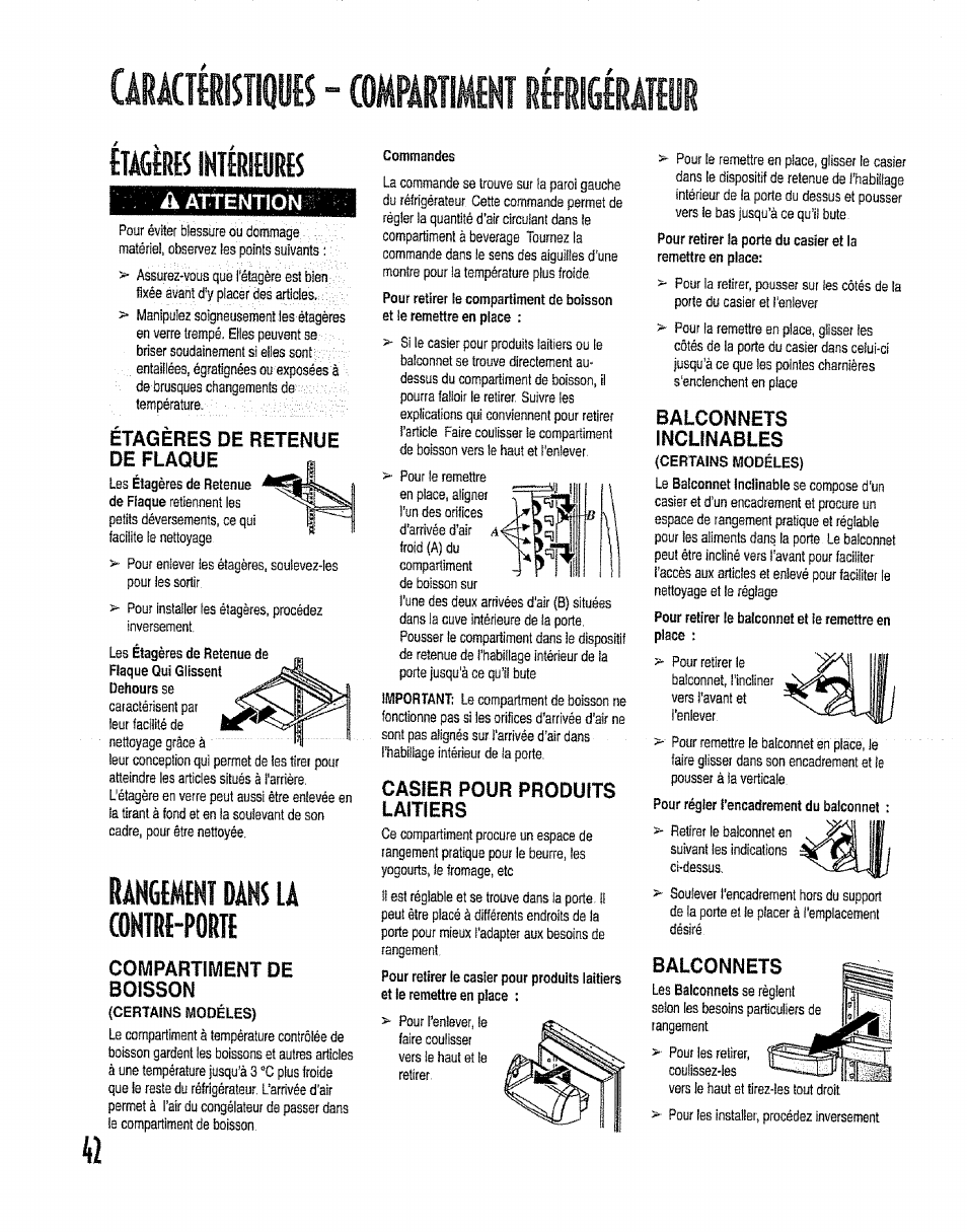 Compartimen, Aattentlon, Étagères de retenue de flaque | Compartiment de boisson, Casier pour produits laitiers, Balconnets, Incunables, Umimi, Dans la | Kenmore 596.50012100 User Manual | Page 42 / 88