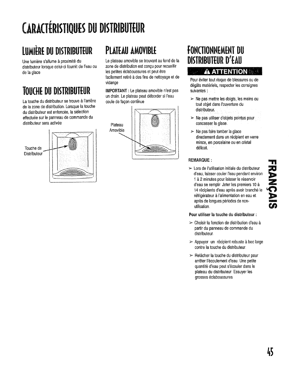 Шсштш du disiribhr 1ш№п101шмт, Touciii du distribuïïur, Puteâu amovible | Fonoiohnement du distributeur d'eau, Шсштш du disiribhr | Kenmore 596.50012100 User Manual | Page 45 / 88