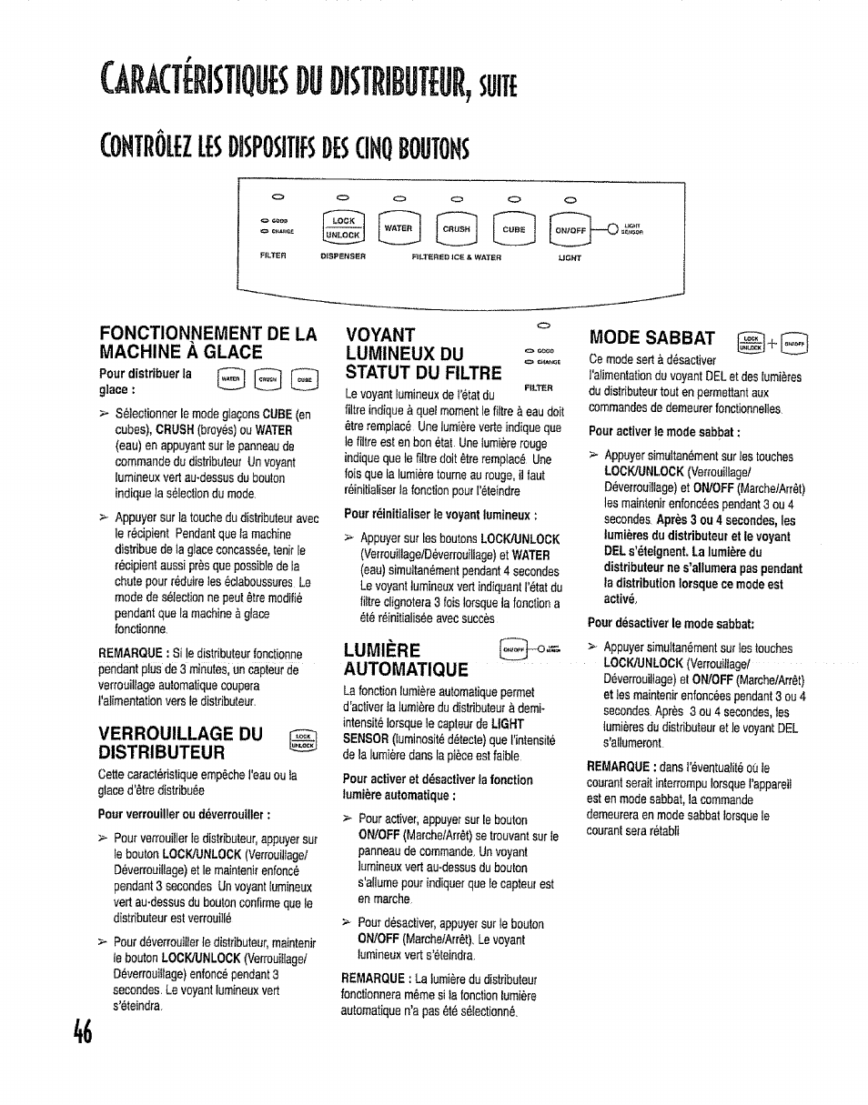 Cohtrôuz ib dbpositib db cinq boutons, Fonctionnement de la machine à clace, Verrouillage du s | Distributeur, Voyant lumineux du statut du filtre, Lumière, Mode sabbat, Verrouillage du s distributeur | Kenmore 596.50012100 User Manual | Page 46 / 88