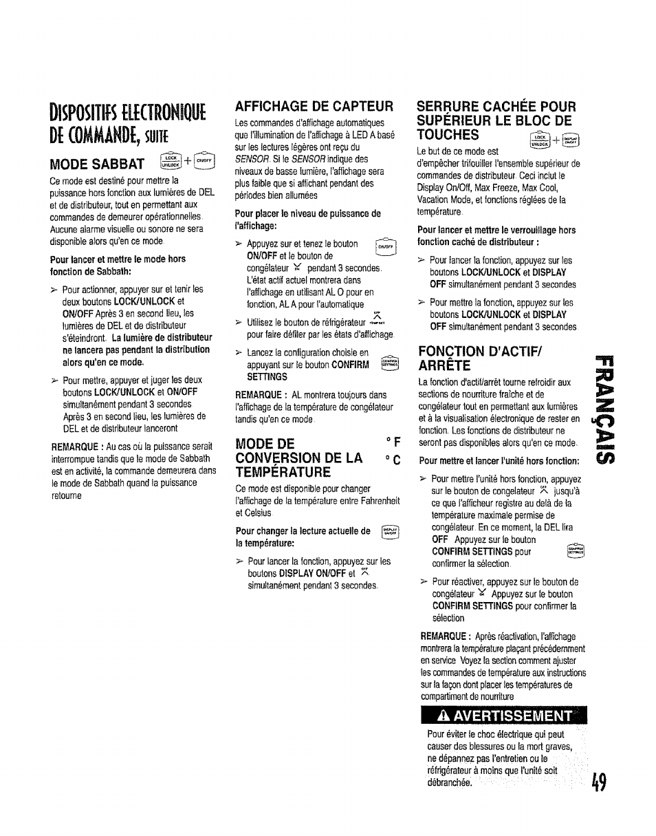 Dispositifs {lktrohiqut dp (ommandp, sum, Affichage de capteur, Conversion de la température | Serrure cachee pour supérieur le bloc de touches, Fonction d'actif | Kenmore 596.50012100 User Manual | Page 49 / 88