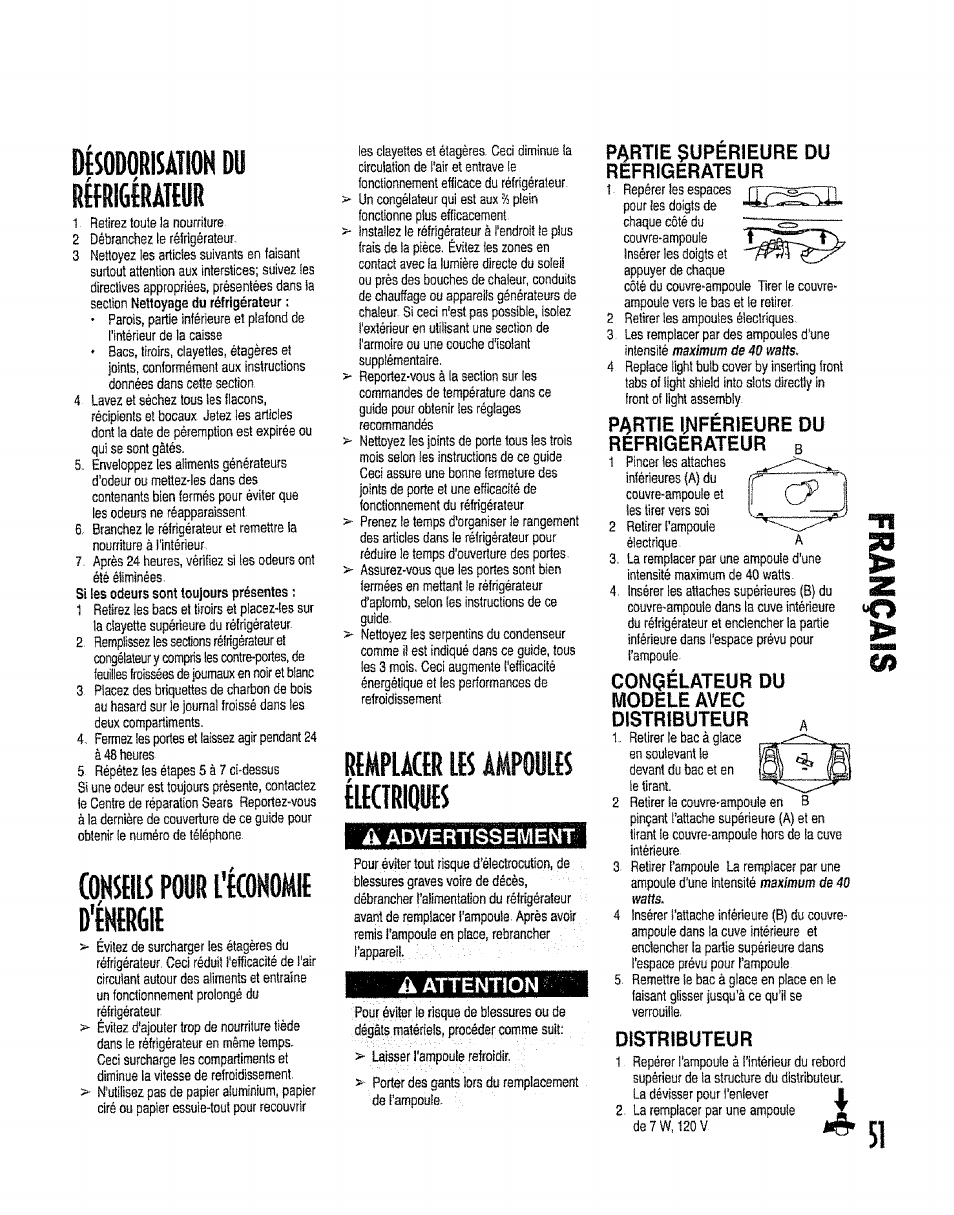 Dísodorisátiok du réfrigtrâteur, D'éhirgie, Remplacer les ampoules élegriques | Remplacer les ampoules électriques | Kenmore 596.50012100 User Manual | Page 51 / 88