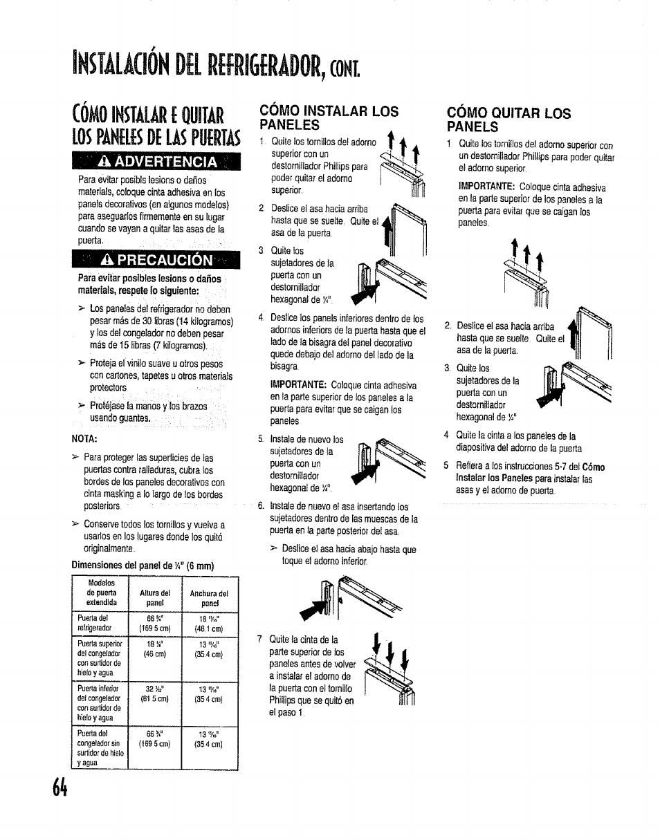 Cómo ikstaur e quitar lelas, Aádverténcia, Cómo instalar los paneles | Como quitar los panels, A precaución | Kenmore 596.50012100 User Manual | Page 64 / 88