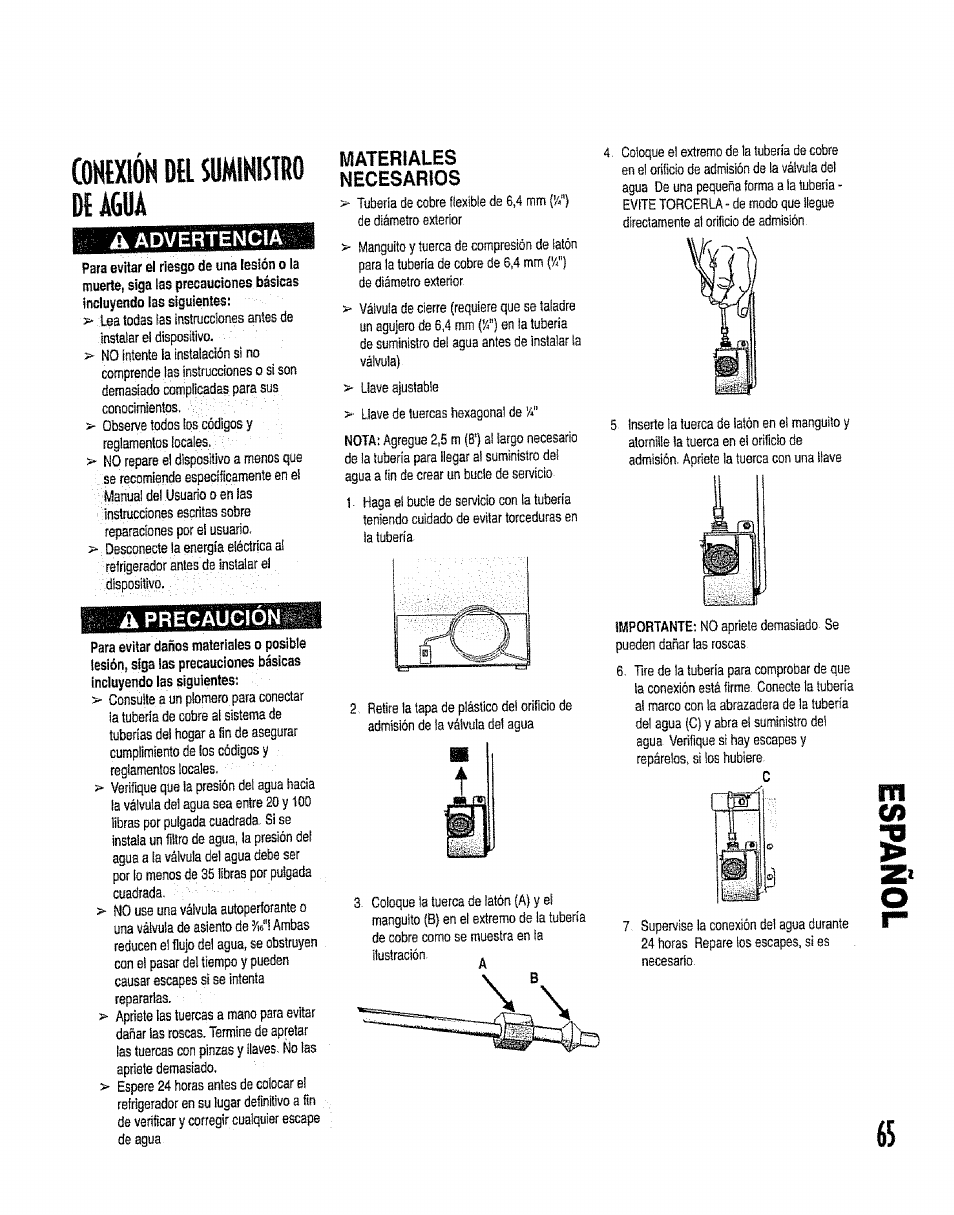 Cohtxlón dei suministro de agua, A advertencia, Materiales | Necesarios, A precaucion | Kenmore 596.50012100 User Manual | Page 65 / 88